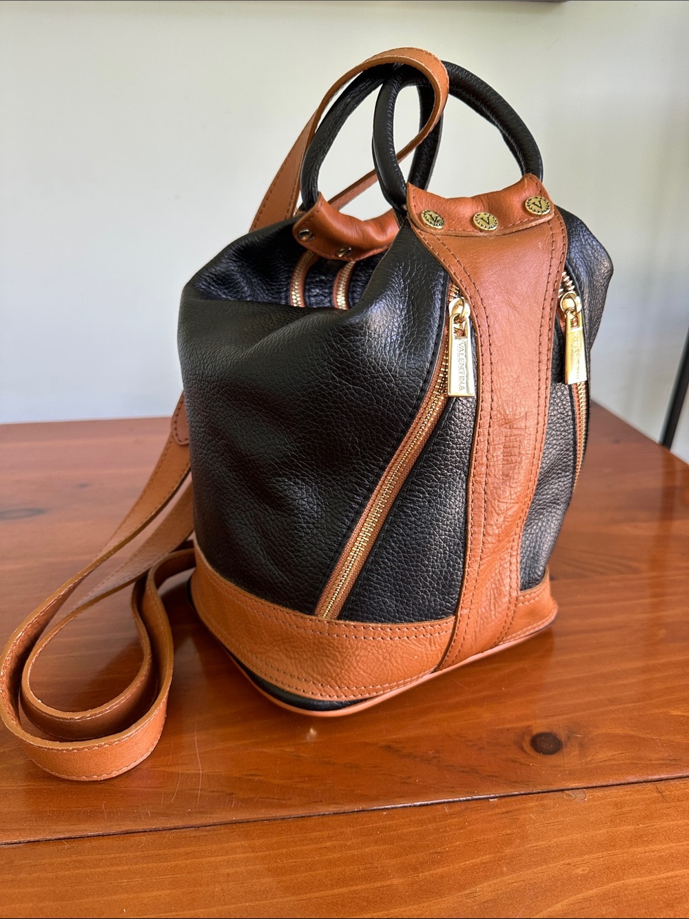 Valentina Convertible Sling Bucket Tote Backpack Black & Brown Leather